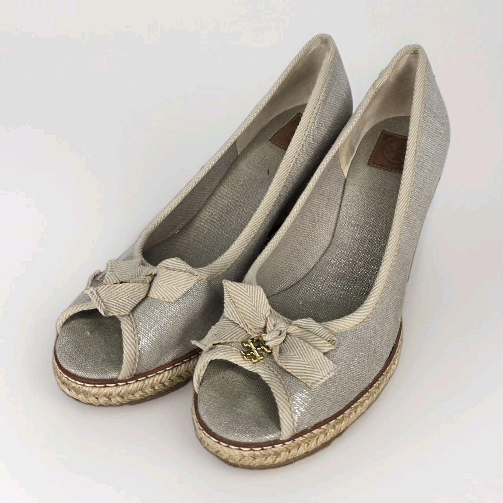 Tory Burch Jackie Wedge Espadrille Platform Peep Toe Tan Canvas Shoes size 9.5 B